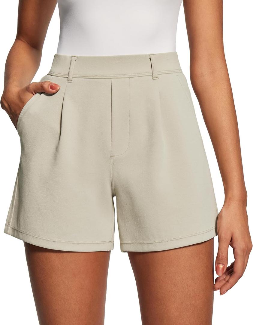 IUGA Womens Dress Shorts for Women High Waisted Trouser Summer Business Womens Dressy Casual Pleated Wide Leg Shorts (White, M)