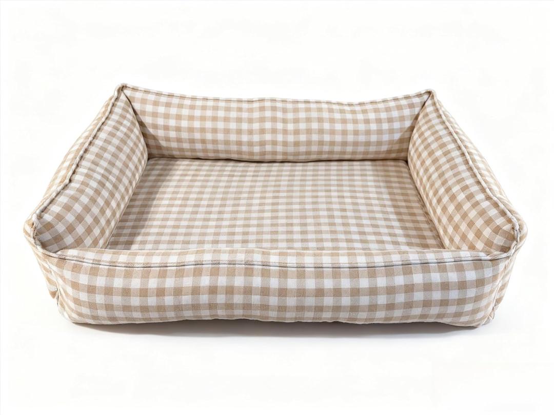 Gingham Dog Bed with Removable Covers for Small Dogs Rectangular All-Season Plaid Dog Bed Gingham Cuddler for Pups (Beige Bed,L (<20lb))