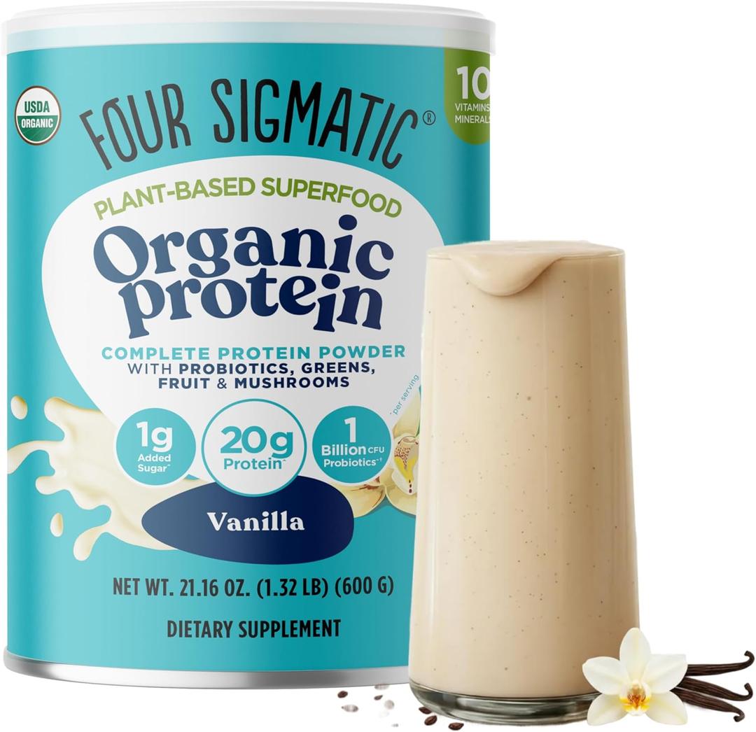 Four Sigmatic Organic Vegan Protein Powder | 18g Plant-Based Protein per Serving | Gluten Free, Dairy Free, Soy Free, Non-GMO with No Filler Ingredients | 21.16oz, 15 Servings | Vanilla (EXP 07/01/26)