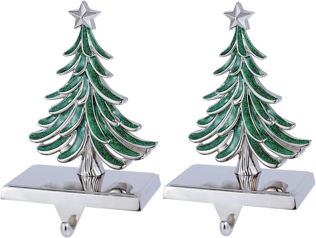 Christmas Tree Stocking Holders Set of 2- Tree Stocking Hanger for Mantel - Silver Christmas Stocking Holder for Fireplace Mantle- Heavy Duty Stocking Holder for Mantle Fireplace Decor (Tree Set)