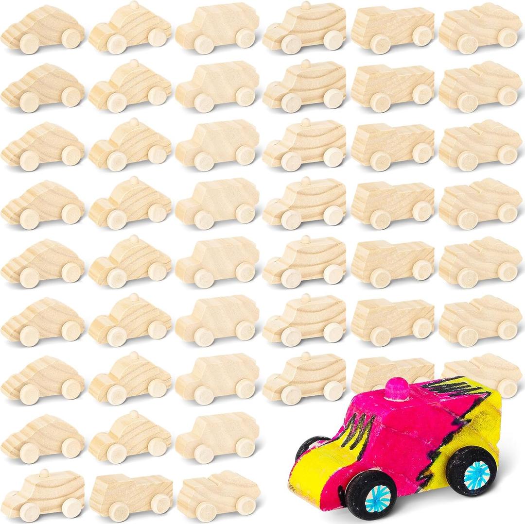 Lenwen 48 Pcs Wooden DIY Car Toys for Party Unfinished Wooden Cars, Wood Truck Wood Graffiti Toy Truck and Crafts DIY for Students Girls Boys Activities Craft Projects Woodworking (Cute)