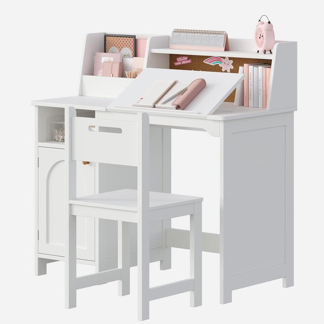 Treocho Kids Study Desk and Chair Set, Kids Desk with Hutch and Tiltable Desktop for 3-8 Years Old, Wooden Children Study Table with Storage Cabinet, Student Writing Desks Bedroom, Home School, White, Without Drawer