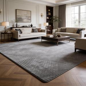 Gray 5x7 Modern Geometric Area Rug – Washable Living Room Rug, Minimalist Linear Carpet with Soft High-Low Pile, Fluffy Floor Rugs for Bedroom, Kids Room, Nursery, Home Décor, Grey