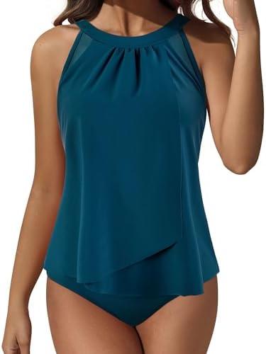 SUUKSESS Women Tummy Control Tankini Bathing Suit Ruffle High Waisted Swimsuit XL