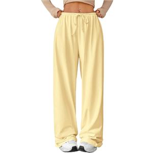 Verdusa Women's Loose Wide Leg Sweatpants Elastic Drawstring Waist Casual Long Pants (Butter Yellow) Small Tall