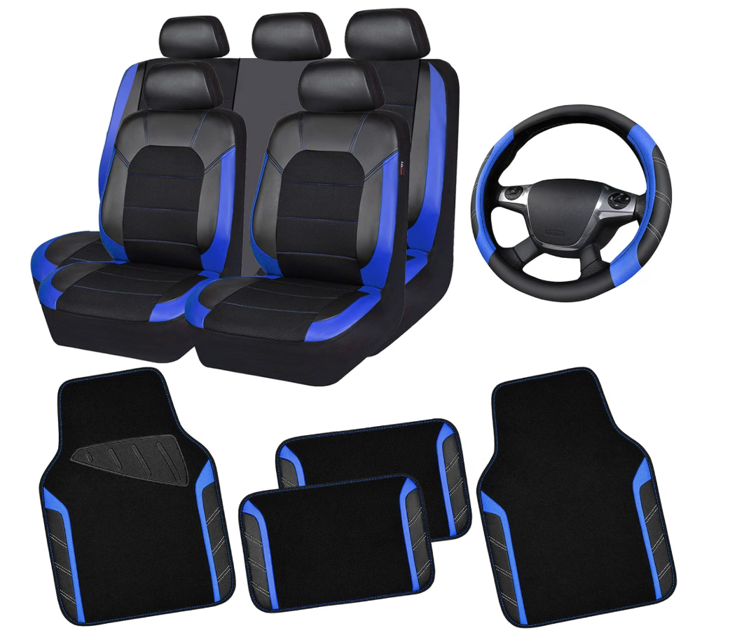 CAR PASS Air Mesh Leather Car Seat Covers Full Set, Waterproof Car Floor Mats, Sporty Steering Wheel Cover 14.5-15in, Universal Fits for 95% Cars Truck SUV (Black and Blue)