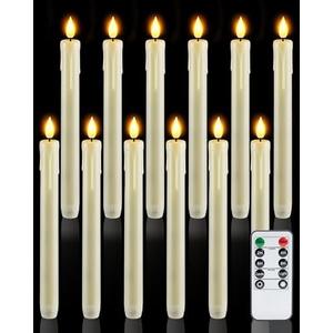 Homemory 12 Pcs Plastic Flameless Taper Candles with Remote Timer Dimmer, Ivory Led Candlesticks with Flickering Flame Light, Lifelike Taper Candles Battery Operated for Indoor Decoration 9.6 Inches