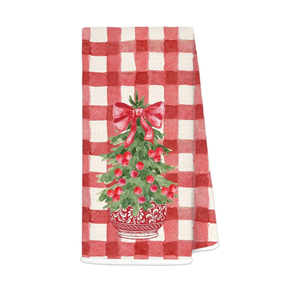 Red Buffalo Plaid Chinoiserie Christmas Kitchen Towels, Coquette Red Bow Christmas Tree Decorative Hand Towels for Bathroom Kitchen, Grandmillennial Xmas Dish Tea Towel, 16x24 Inch