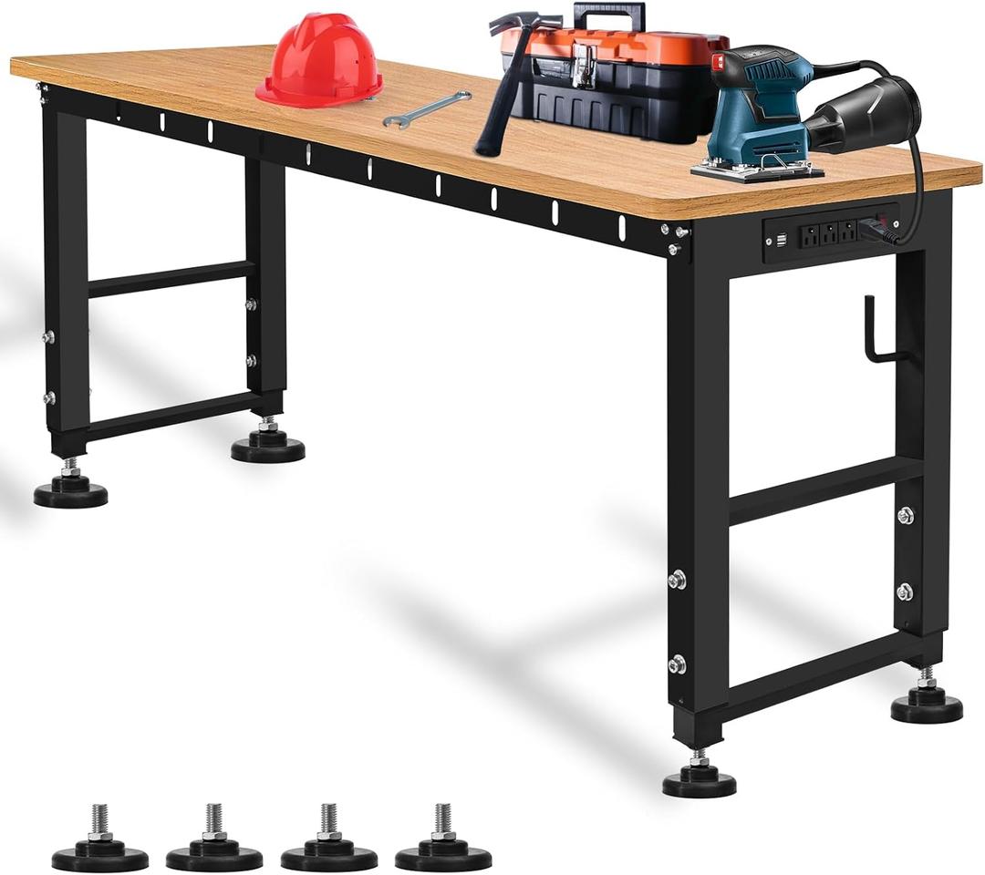 48" Adjustable Workbench with Power Outlet, Work Table with Anti-Slip Foot Pad, 1500 LBS Rubber Wood Workstation for Garage, Workshop, Office, Home, 5 Level Heights Worktable, Easy Assembly