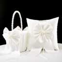 Flower Girl Baskets and Ring Bearer Pillow Set, Flower Girl Basket with Pearl Handle, Ivory Fariy Wedding Baskets for Flower Girls, Ring Pillow for Ring Boy