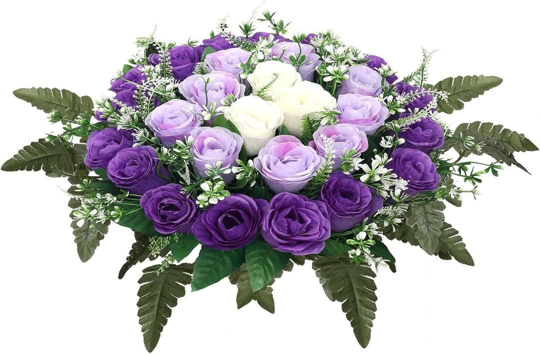 Lodou Artificial Cemetery Flowers,Silk Memorial Cake for Cemetery,Artificial Flower Centrepieces for Tables,Artificial Rose Graveyard Memorial Flowers for Headstones Decoration (Purple)