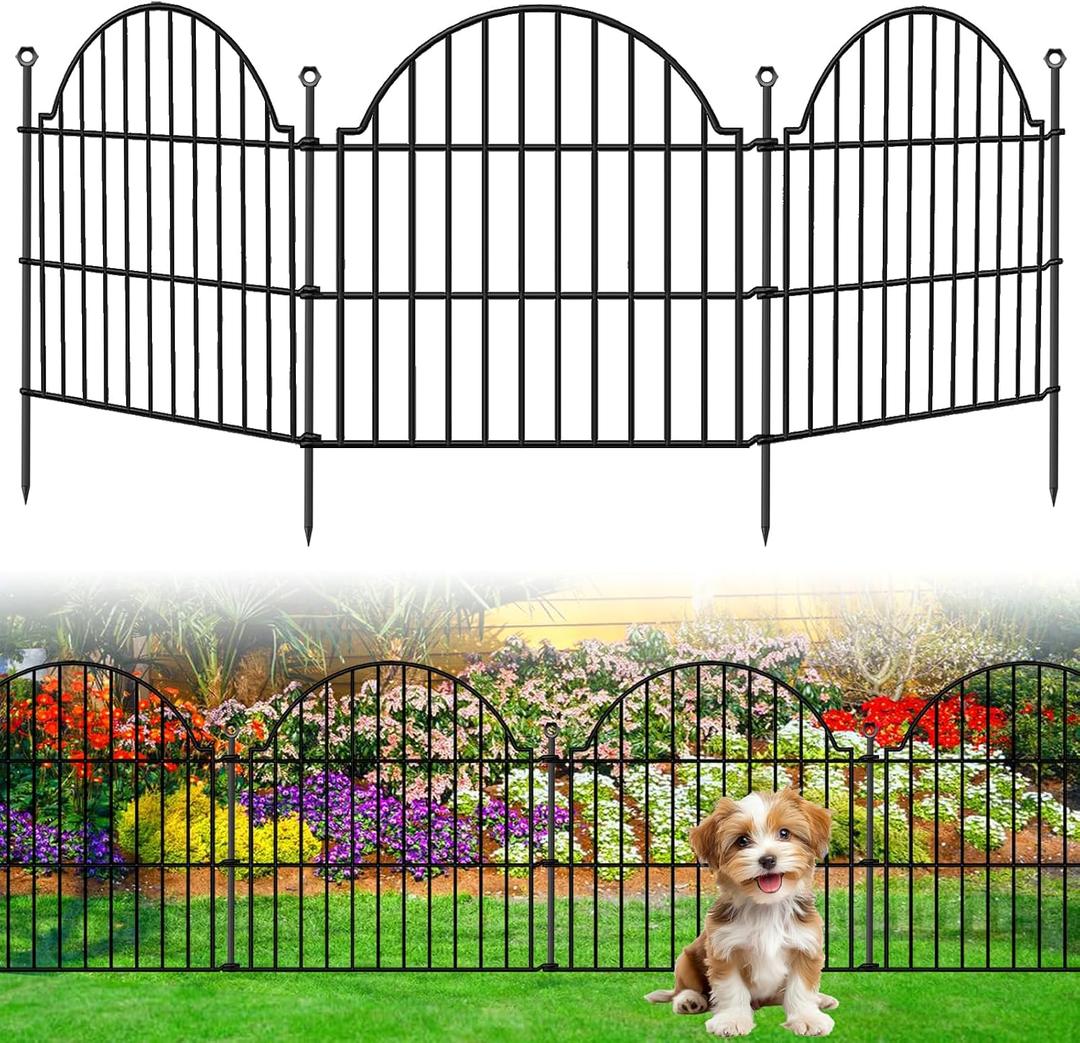 10 Panels No Dig Decorative Outdoor Garden Fence, 24in (H) x20ft (L) Animal Barrier Fencing for Dog, Arched Flower Bed Edging, Rustproof Metal Wire Panel Border with Temporary Ground Stakes