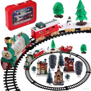 Thyle 10 Pcs Mini Christmas Village Train Decoration Include 1 Christmas Train Set, 3 Resin Village Houses, 6 Mini Sisal Snow Trees Under The Xmas Tree Decor Holiday Party Gifts, Battery Not Included