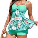 ZAFUL Tankini Swimsuits for Women Tummy Control Two Piece Modest Bathing Suits Floral Skirt Top with Boyshorts (Medium, 0547-mintgreen)