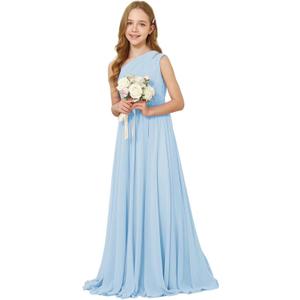 JISISANG One Shoulder Flower Girl Wedding Junior Bridesmaid Chiffon Dresses A Line Sleeveless Princess Dress (14, Light Blue)