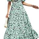 PRETTYGARDEN Puff Short Sleeve Cewneck Floral Long Fall Dresses for Women 2025 Flowy Tiered Hem Maxi Wedding Guest Dress (Medium, Black Green Flower)