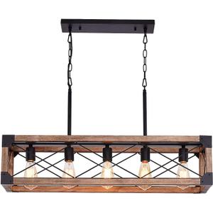 Airposta Kitchen Island Lighting, 33.5-Inch 5 Lights Farmhouse Linear Chandelier for Dining Room Pool Table Pendant Light Fixture, Rustic Wood Grain Finish, Industrial Pendant Light Brown