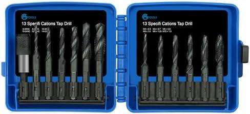 GMTOOLS Combination Drill and Tap Bit Set with Quick-Change Adapter of 13Pcs, 6 SAE Sizes: 6-32NC to 1/4-20NC, 6 Metric Sizes: M3 to M10,Suitable for Drilling Tapping Threading Countersinking