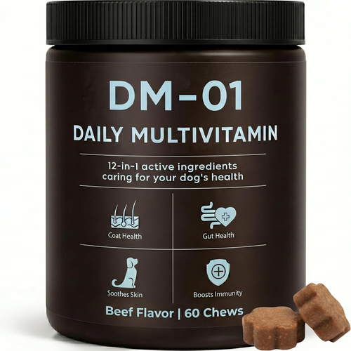 DM-01 Daily Multivitamin for Dogs, Multivitamin Itch Relief Chews, Skin and Coat Healthy, Gut Health & Boost Immunity, with Folic Acid, Salmon Oil, Probiotics & Vitamins, Beef Flavor, 60 Chew (1)