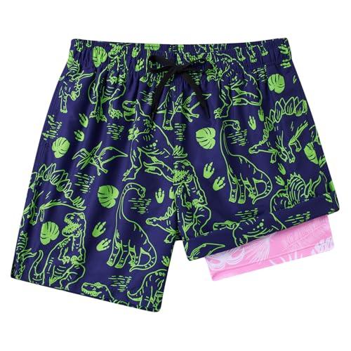 westwolf Mens Bathing Suits Fashion 2 in 1 Swimwear Hawaii Dinosaur Palm Leaves Compress Swim Trunks Men Vacation Dark Blue Bathing Suit Quick Dry Beach Board Shorts, M