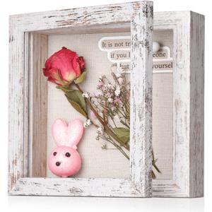5x5 Shadow Box Frame with Linen Back - Sturdy Rustic Memory Display Case of Flower, Pictures, Medals and More, Distressed White