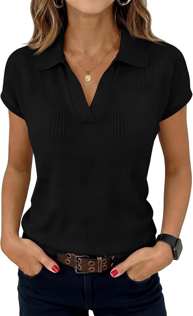 Saodimallsu Womens Short Sleeve Sweater Tops Solid Lapel V Neck Knit Shirt Summer Casual Basic Pullover (Black, S)