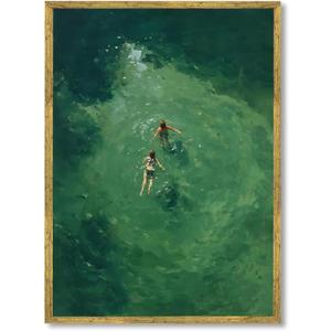 Gold Framed Swimmers Wall Art Swimming in Green Abstract Canvas Poster Aerial View Summer Ocean Painting Print Minimalist Relaxing Coastal Artwork for Bedroom Beach House Decor 8x12inch