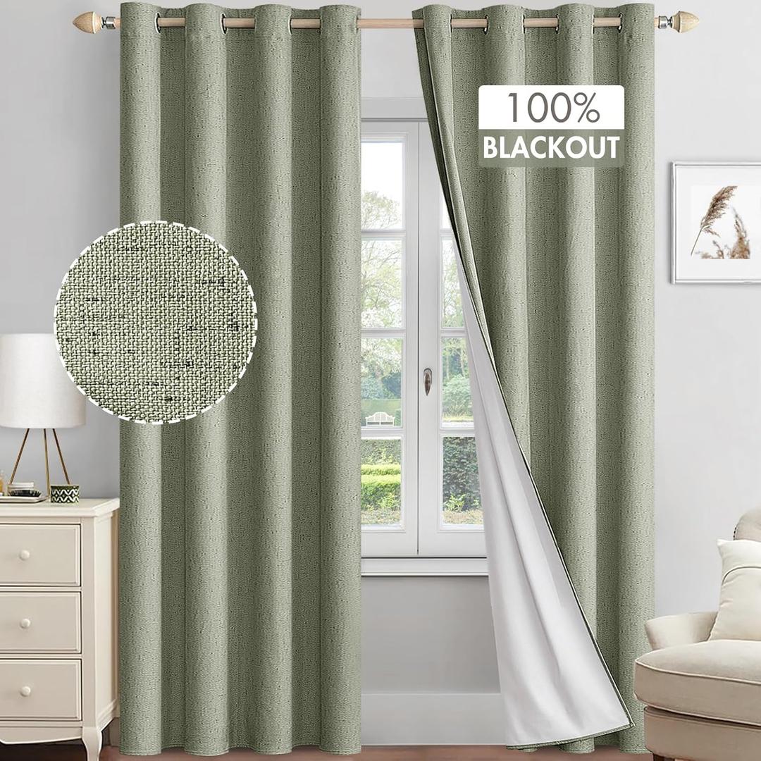 MIULEE Linen Textured 100% Blackout Curtains for Bedroom 90 Inches Long Sage Thermal Insulated Black Out Curtains/Draperies with White Liner for Living Room/Nursery, Grommet Top, 2 Panels