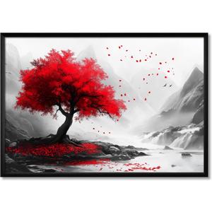 Black And White Red Tree Wall Art Modern Nature Landscape Painting Red Tree Poster Landscape Abstract Canvas Art Red Black And Gray Pictures Abstract Tree Prints Mountain Artwork 16x24inch No Frame (16L" x 24W")