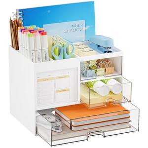 Marbrasse Desk Organizer with 3 Drawer, Multi-Functional Pencil Pen Holder for Desk, Desk Organizers and Accessories with 4 Compartments, Desktop Organizer Storage for Office Home Art Supplies (White)