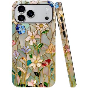 Case Compatible with iPhone 17 Pro Max,Fall Prevention Bright Hybrid 2-Layer Hard Shell Phone Case for Girls Boys,Stained Glass Bloom Flower