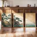 Japanese Zen Wall Art Set of 3 with Wooden Frame Cliff and Ocean Seascape Prints, Framed Japanese Landscape Painting, Minimalist Asian Wall Decor 16x24 Inch