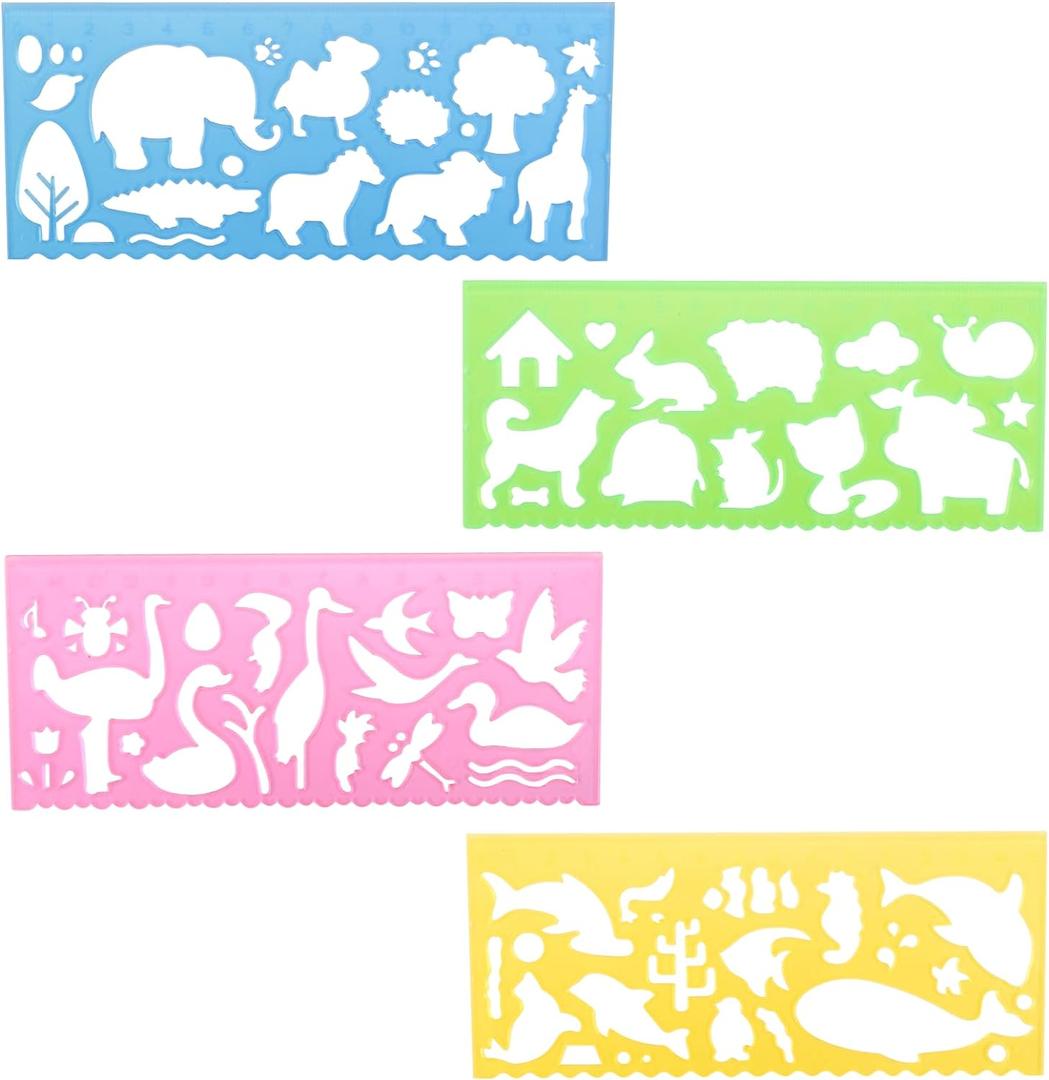 Template for Drawing,4 Pack Clear Ruler Animal-Shaped Stencils Drafting Tools Set Stencil Maker Rulers,Rulers for Kids,Measuring Templates Rulers for Office,School,Drawing