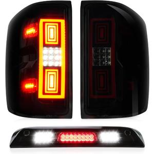 Tresound Tail Lights + 3rd Third Brake Cargo Lamp for Chevy Silverado 1500 2014-2018, 2500 HD & 3500 HD & GMC Sierra 3500 HD 2015-2018, High Mount Stop Light Rear LED Taillight Assembly, Smoke Lens