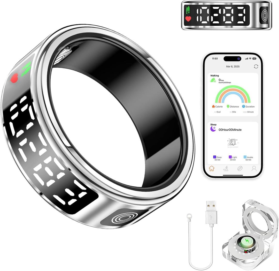 Smart Ring Health Tracker for Women & Men - IP68 Waterproof Fitness Rings with LED Screen, Heart Rate/Blood Oxygen/Sleep Monitoring/Motion Tracking, No Subscription Fee(11#)