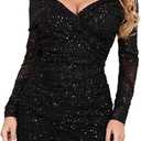 D&M Women's Off Shoulder Sparkly Dress Knitted Mesh Long Sleeve Open Back Ruched Bodycon Sexy Mini Party Dress (Black). Size S