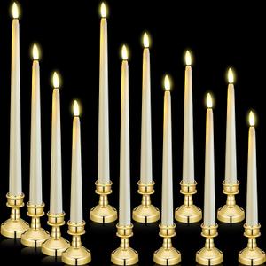 12 Pcs Flameless LED Taper Candles with Candlestick Battery Operated 8.5 9.6 10.8 12.8 Flameless Flickering Candlesticks for Christmas Wedding(Gold Holder & Ivory Candles)