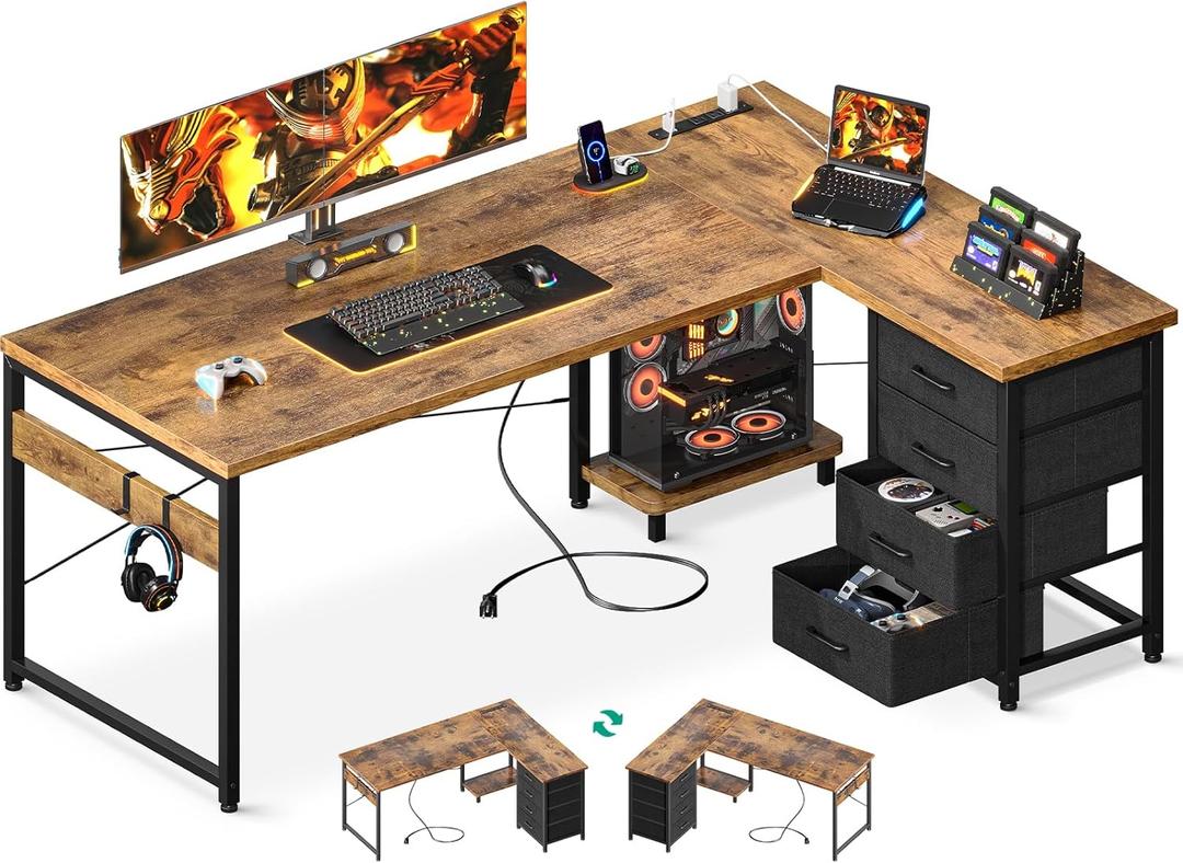 ODK 61'' L Shaped Desk with 4 Drawers, Reversible Corner Desk with Storage, Gaming Table with Power Outlets, USB Ports, PC Case Shelf, Computer Desk for Home Office, Study, Easy Assembly, Vintage