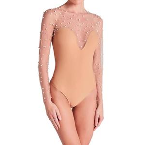 Clispiy Mesh Pearl Top Sheer Bodysuit For Women Pearl Long Sleeve Bodysuit With Snap Crotch, Size M