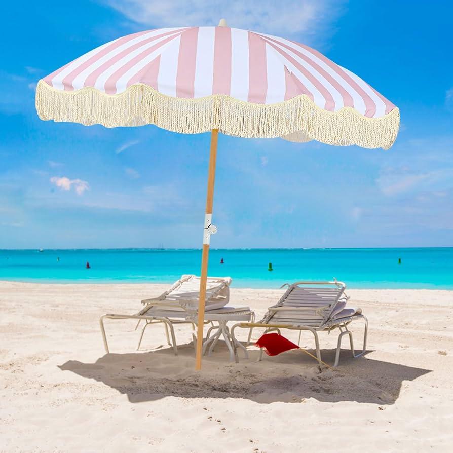 Pink White Striped Beach Umbrella with Fringe 6.5ft Boho Umbrella with Tassels Tilting Patio Umbrellas & Shade Beach Umbrellas for Sand UPF 50+ Portable Umbrella with Carry Bag Table Umbrella