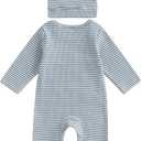 ZAXARRA Newborn Boy Stripe Romper Letter Embroidery Long Sleeve Round Neck Full Length Jumpsuit with Hat (Blue)
