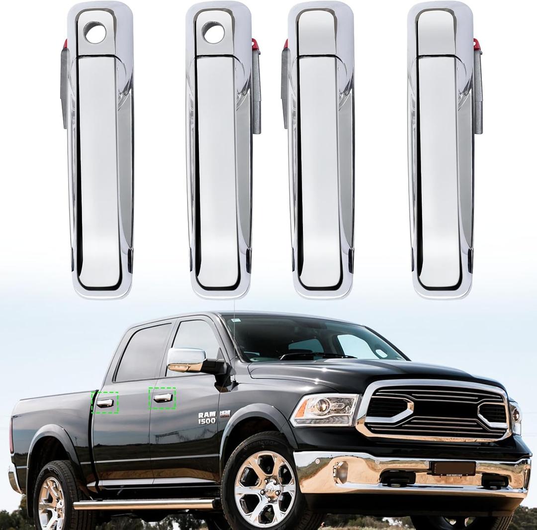 Exterior Door Handle Compatible with 2011-2018 Ram 1500 2500 3500,Front Rear Left Driver & Right Passenger Side Door Handle Replace for 55112382AB,55112383AB,55112384AB,55112385AB-PFM,Chromed