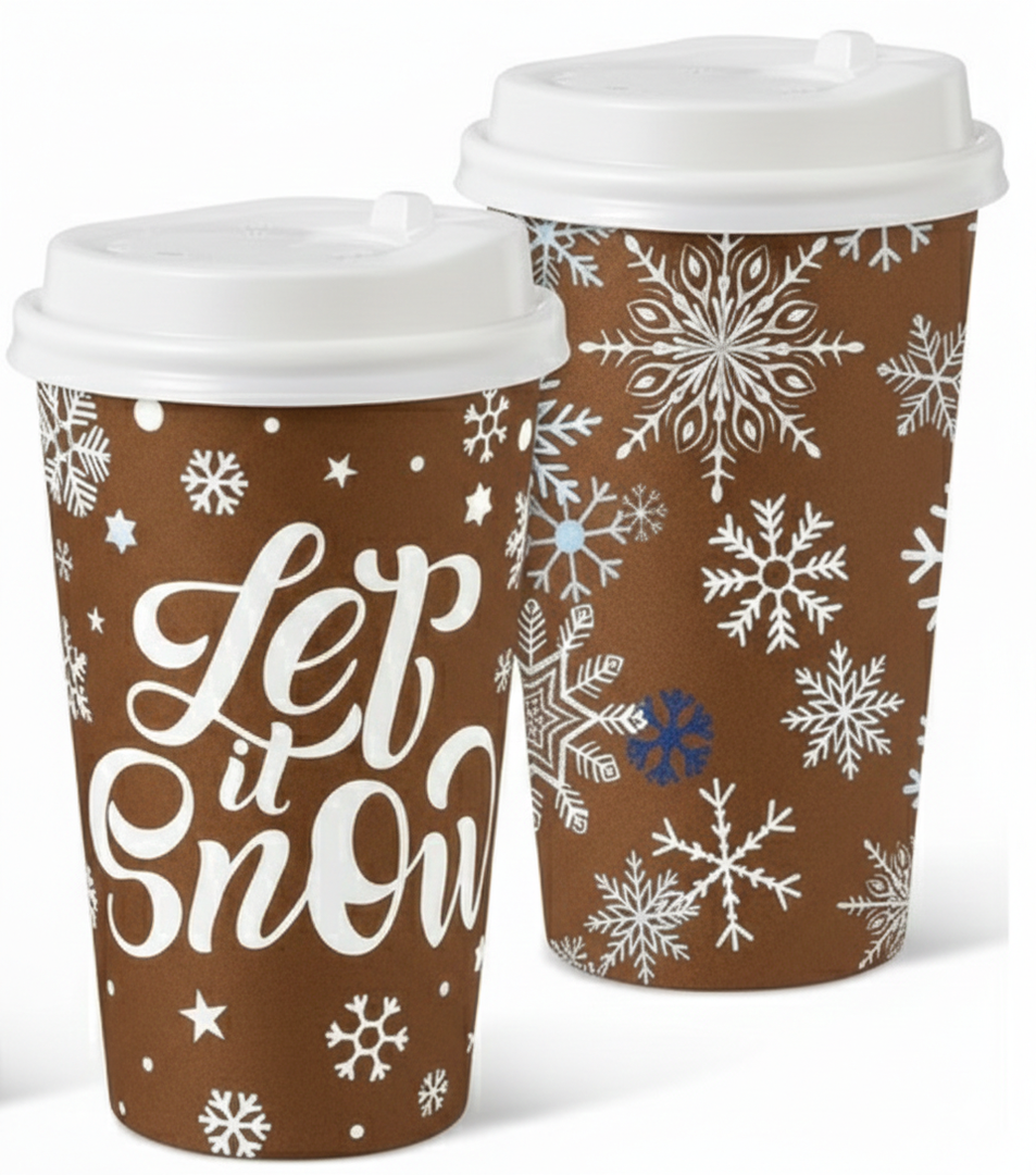 100 Set Winter Paper Cups with Lids Winter Disposable Hot Cold Coffee Cups for Holiday Party Supplies(Brown,12oz,Snowflake)