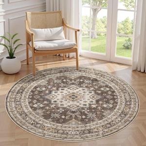 5ft Round Vintage Living Room Area Rug - 5x5 Large Soft Washable Oriental Traditional Distressed Farmhouse Rugs for Bedroom - Indoor Floor Accent Carpet for Home Office House Decor - Dark Brown