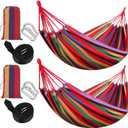 Windyun 2 Sets Cotton Canvas Hammock Large Double Hammock 400lbs Portable Camping Hammocks for Outside with Carrying Bag Sturdy Metal Knot Ropes and Tree Straps for Travel Patio Garden Backyard (Red)