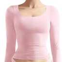 SUUKSESS Women Double Lined Fitted Basic T Shirts Scoop Neck Long Sleeve Crop Top White,Pink XS