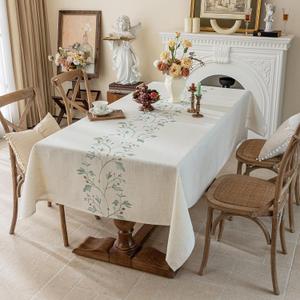 Joyfol Day Rustic Waterproof Linen Tablecloth, Heavy Weight Beige Embroidery Table Cloths for Rectangle Tables, Burlap Farmhouse Table Covers (Green Leaves, 55''x 86'')