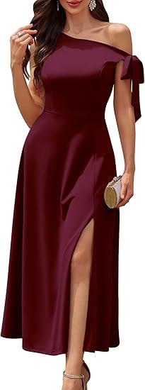 BeryLove Women's Formal Wedding Guest Dress One Shoulder Elegant A Line Cocktail Dresses with Tie Strap Maxi Burgundy XL