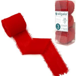 Allgala 3 Roll 2" x7yd Red Color Handmade Rustic Fringe Frayed Chiffon Ribbon for Bridal Wedding Gift Packing, Flower Bouquet Arrangement Wrapping DIY Craft