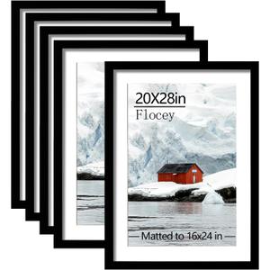 20x28 Picture Frame Set of 5, Black Poster Frame, Display Pictures 16 x 24 with Mat or 20 x 28 Without Mat for Horizontal or Vertical Wall Mounting, Wall Gallery Frame